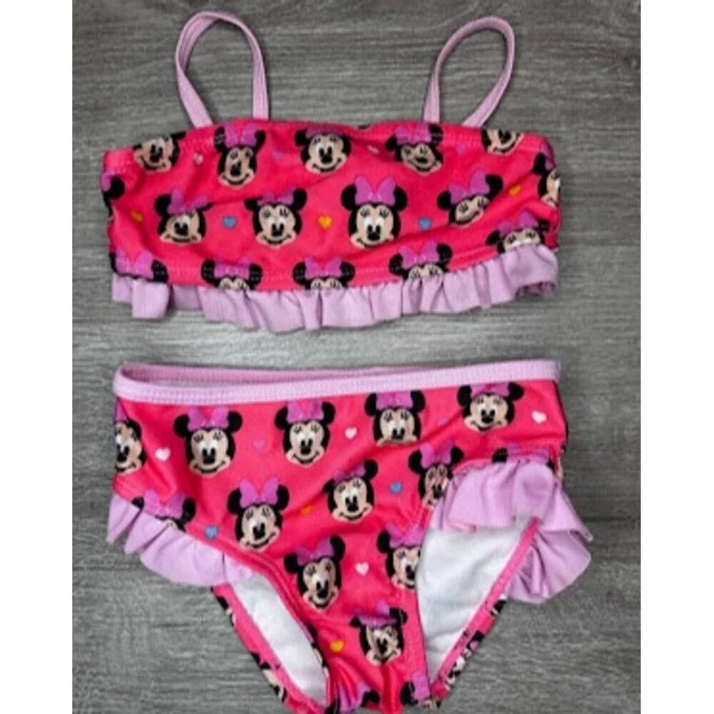 Minnie Mouse Ruffle Bikini Swimsuit 2 Piece Pink Hearts Baby Girl 12M